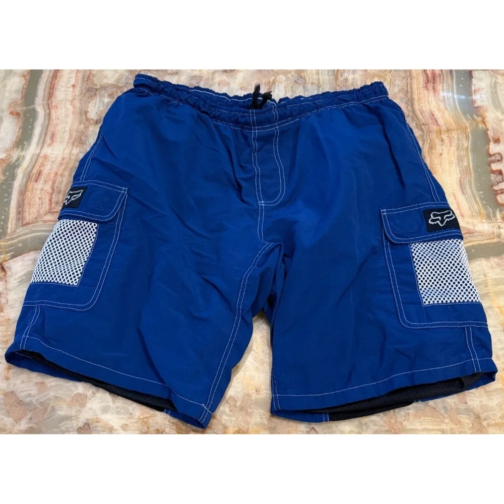 Fox Racing Mens Cargo MTB Shorts Blue Padded Cycling Drawstring Mesh Pockets M